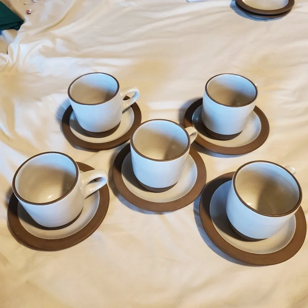 Heath Ceramics Brown White Stoneware Cup and Saucer Set of 5 stackable USA made